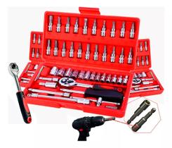 Kit Chave Combinada 46 Peças Profissional Ferramentas Catraca Reversível Soquetes Aço c/ Maleta