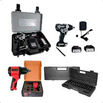 Kit Chave Impacto 21V 700Nm 2 Baterias Com 15 Soquetes E Chave Impacto Pneumática 820Nm