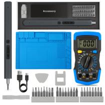 Kit Chave Precisão Elétrica Parafusadeira Recarregável + Manta 45x30cm + Multímetro Digital