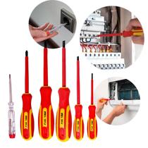 Kit Chave Profissional de Fenda Phillips Isolada 6 Peças com Testador de Tensãox Kit Chave Profissional de Fenda Phillips Isolada 6 Peças com Testador de Tensãox