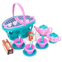 KIT Chazinho Cestinha Compras Piquenique C/ Xicaras Pratinho Bule Comidinha Brinquedo Infantil Menina 14pcs