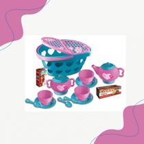 KIT Chazinho Cestinha Compras Piquenique C/ Xicaras Pratinho Bule Comidinha Brinquedo Infantil Menina 14pcs Zuca Toys