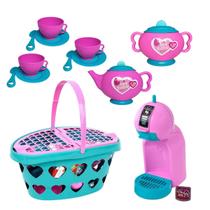 KIT Chazinho Cestinha Compras Piquenique + Cafeteira 16pcs Xicaras Pratinho Bule Comidinha Brinquedo Infantil Menina