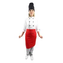 Kit chef cozinha feminino Dolmã manga 3/4 + Avental vermelho + Chapéu preto - Demorgan Uniformes