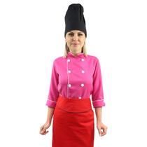 Kit chef cozinha feminino Dolmã manga 3/4 + Avental vermelho + Chapéu preto