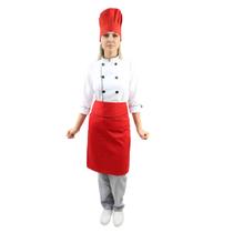 Kit chef cozinha feminino Dólmã manga 3/4 + Avental vermelho + Chapéu vermelho