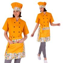 Kit Chef De Cozinha Feminino 3 Peças Dólmã Avental E Chapéu Cozinheira Amarelo Mostarda Estampa Massas Italianas Conjunto Uniforme Restaurante Padaria