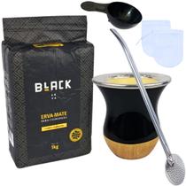 Kit Chimarrão com Erva Clássica Moagem Fina 1Kg Cuia Preta Imitação madeira Bomba Inox 23 CM