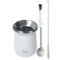 Kit Chimarrão Cuia Térmica Inox 236ml + Bomba com Rosca Escova Branco - Mokha