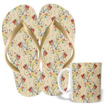 Kit Chinelo e Caneca 325ml Bicicleta Floral Passeio