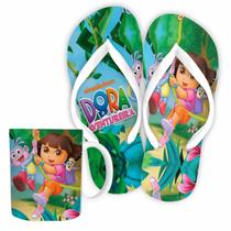 Kit Chinelo e Caneca de Plástico Rígido Dora a Aventureira Temático Desenho Criança, Bebê. Presente Infantil Menina e me