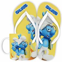 Kit Chinelo e Caneca de Porcelana Smurf Amarelo Temático Desenho Anime Criança e adolescente. Presente Infantil Menina e