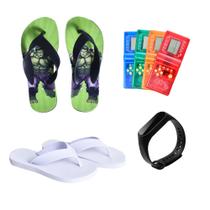 kit Chinelo Infantil Menino Masculino Personagem Hulk Barato Leve Casual + Game Boy + Relógio