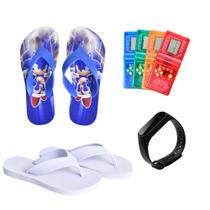 kit Chinelo Menino Personagem Infantil Sonic Branco + Game Boy + Relógio kit Chinelo Menino Personagem Infantil Sonic Branco + Game Boy + Relógio