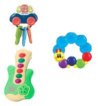 Kit Chocalho Carro Sonoro C/ Chave Macia Mordedor De Centopeia Com Água Alivia Gengiva e Guitarra Musical Com 6 Músicas