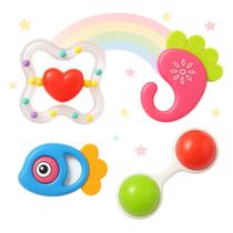 Kit Chocalho Mordedor Educativo para Bebê, 4 Peças, Colorido, Material Atóxico sem BPA, Brinquedo Sensorial para Desenvolvimento Motor e Cognitivo