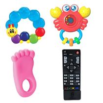 Kit Chocalho Siri Com Som E Luz E Três Mordedores Lagartinha,Pé ou Mão E Controle Remoto Para Bebê Brinquedo Interativo