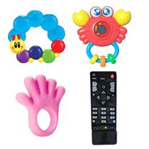 Kit Chocalho Siri Com Som E Luz E Três Mordedores Lagartinha,Pé ou Mão E Controle Remoto Para Bebê Brinquedo Interativo