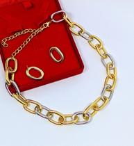 Kit Choker Colar e Brincos Corrente Elos Grande Mix Dois Banhos Dourado com Prata Folheado Ouro Par De Brinco elo oval