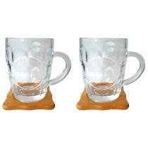 Kit Chopp 4 Peças Canecas com Alça 450ml e Porta Canecas Vidro / Madeira