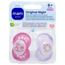 Kit Chupeta Silicone Ortodôntico Simétrico MAM - Original Night Rosa 6 Meses 2 Unidades
