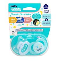 Kit Chupetas Lolly Kinddy Fase 2 Star Dia e Noite Silicone Orto Azul - 2 Unidades
