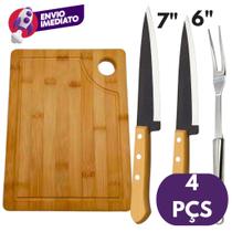 Kit Churrasco 04 Pç: Tábua Corte Madeira Garfo Trinchante Inox Faca Peixeira 6” e 7” Churrasqueira
