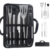 Kit Churrasco 10 Peças Aço Inox com Estojo de Transporte Completo Faca Garfo Pegador Espátula Pincel Grillrelax