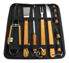 Kit Churrasco 10 Peças Inox Cabo de Madeira Fixxar Modelo Advantage Bolsa Nylon Preto