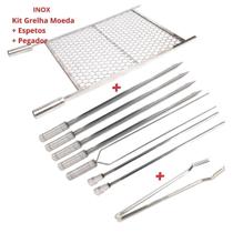 Kit Churrasco 100% Inox, Grelha 70x40 Com 7 Espetos, Pegador