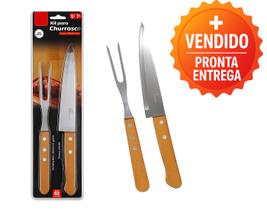 Kit Churrasco 2 Peças Faca Afiada e Garfo Inox Cabo Madeira Resistentes e Elegantes
