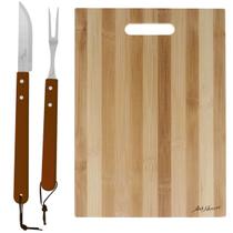 Kit Churrasco 2 Peças Garfo e Faca Cabo Madeira Longo + Tabua de Corte Bambu 33x23cm Com Alça
