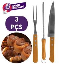Kit Churrasco 3 Pç Faca Peixeira 7" E Garfo Trinchante E Chaira 7" Em Aço Inox Cabo Madeira