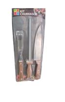 Kit churrasco 3 peças em Aço Inox e madeira. Contém amolador de faca