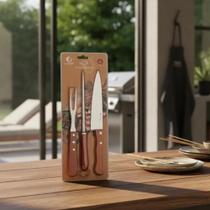 Kit Churrasco 3 Peças Faca Garfo Chaira Cabo de Madeira Aço Inox Premium Presente Masculino Churrasqueiro Culinária Cozinha Festas