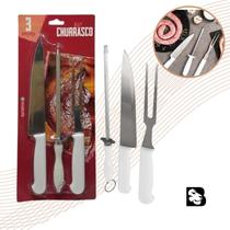 Kit Churrasco 3 Pecas Faca Garfo Chaira Lâmina Afiada Aço Inox Profissional Resistente Durável Essencial
