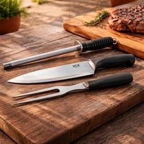 Kit Churrasco 3 Peças Faca Garfo E Chaira De Aço Inox Mor Kit Churrasco 3 Peças Faca Garfo E Chaira De Aço Inox Mor