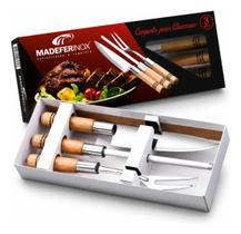 Kit Churrasco 3 Peças Faqueiro Faca Garfo Chaira Inox Cabo De Madeira Premium