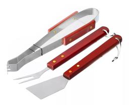 Kit Churrasco 3 Peças Inox E Madeira Garfo Pegador Espátula 123Util