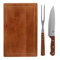 Kit Churrasco 3 Peças Madeira Natural Com Tábua
