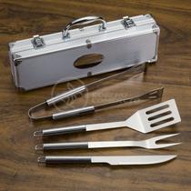 Kit Churrasco 4 Peças Espátula, Faca, Garfo, Pegador em Aço Inox com Maleta em Alumínio