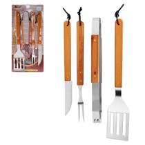 Kit Churrasco 4 Peças Faca Garfo Pegador Espatula Cabo de Madeira Rebitado Inox Longo 35cm Premium