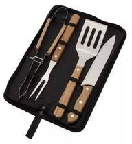 Kit Churrasco 4un Faca Garfo Espátula Pegador Inox Estojo - shr