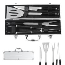 Kit Churrasco 5 Peças Aço Inox Com Maleta de Transporte Aluminio Faca Espatula Garfo e Pegador Grillrelax