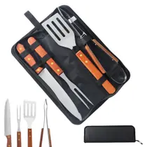 Kit Churrasco 5 Peças Aço Inox e Estojo Garfo Faca Espátula e Pegador Resistente Grillrelax