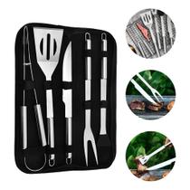 Kit Churrasco 6 Peças em Aço Inox com Estojo Premium Faca 38cm Garfo Pegador Espátula Pincel Fácil Transporte e Armazenamento Presente Perfeito