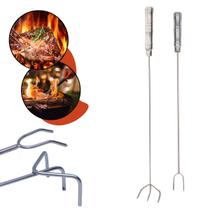 Kit Churrasco Aço Inox 2 Peças Garfo com Pontas + Rastelo Médio Utensílios Cozinha Espalha Brasa Não Enferruja Cabo Madeira Revestido Alumínio