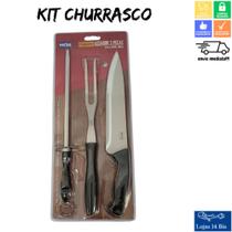 Kit Churrasco Assador com 3 Peças Garfo Faca e Amolador de Facas Mor