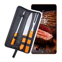 Kit Churrasco Barbecue 4 Peças com Chaira Faca Garfo e Estojo Completo Profissional Gourmet -