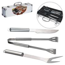 Kit churrasco c/ 3 peças faca garfo pegador c/ maleta aço inox - art house